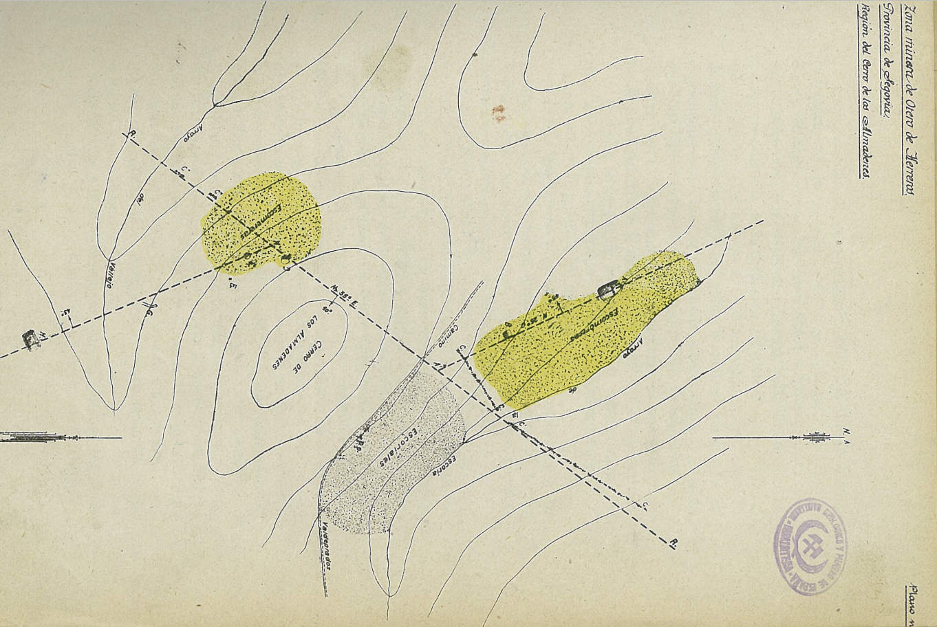 Mapa de 1922 con localización de explotaciones, escoriales y escombreras alrededor del Cerro de los Almadenes